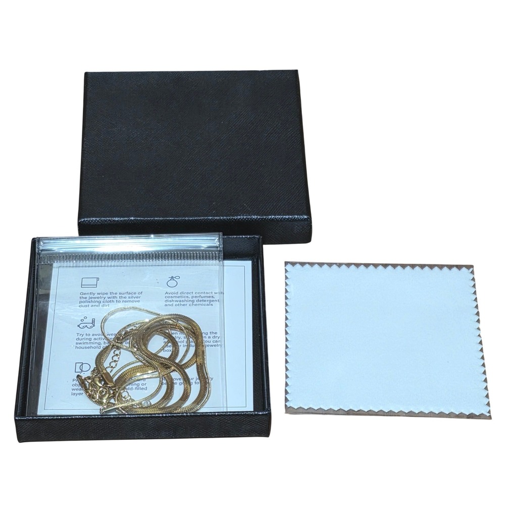 Gold Tone Layered Herringbone and Snake Chain Necklace Set with Stone Charm - Picture 2 of 5